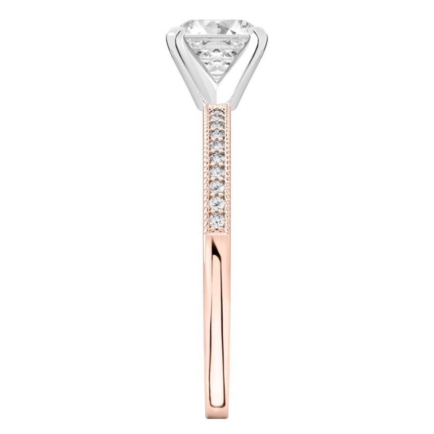 Side view of asscher cut diamond petite milgrain diamond engagement ring in rose gold