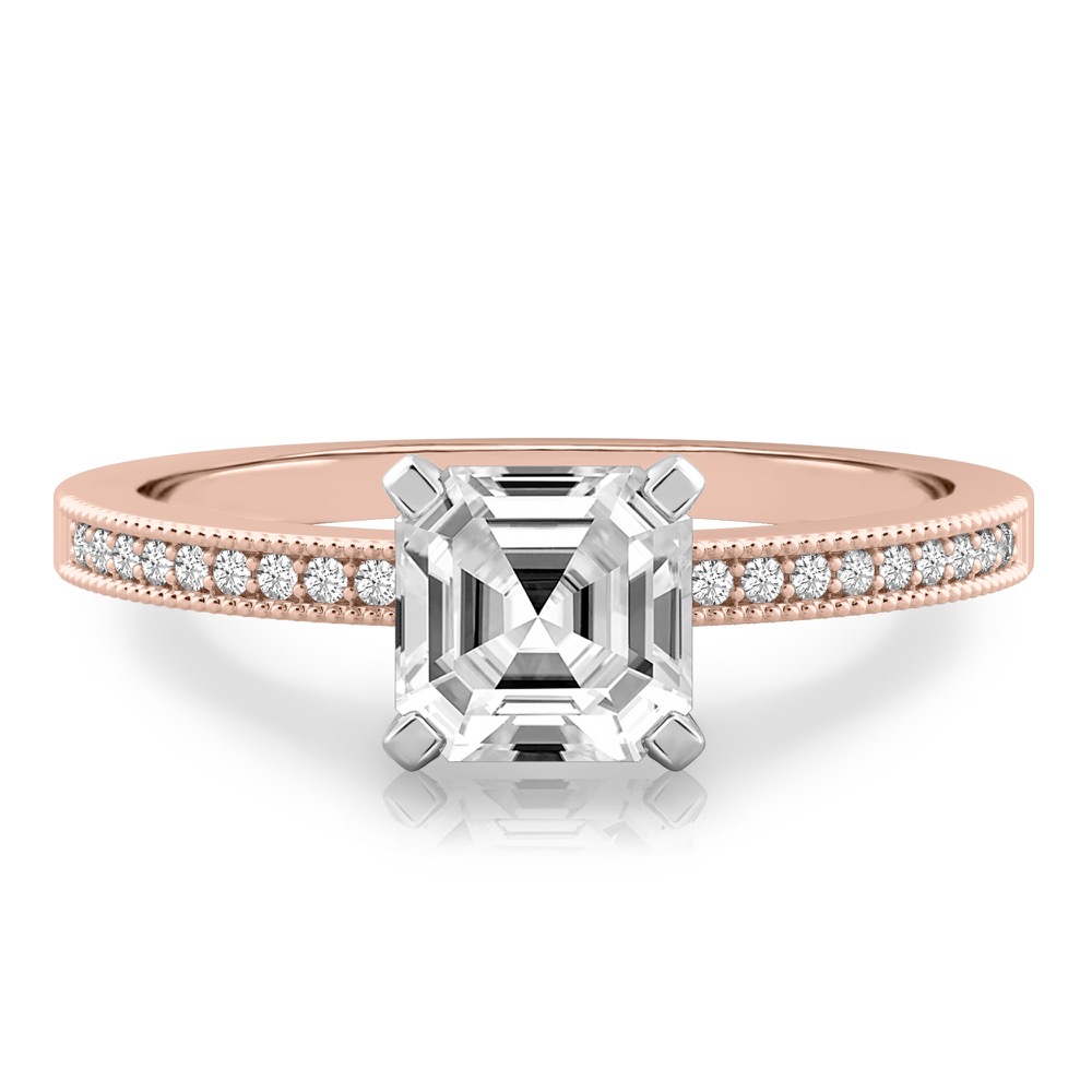 asscher cut diamond petite milgrain diamond engagement ring in rose gold