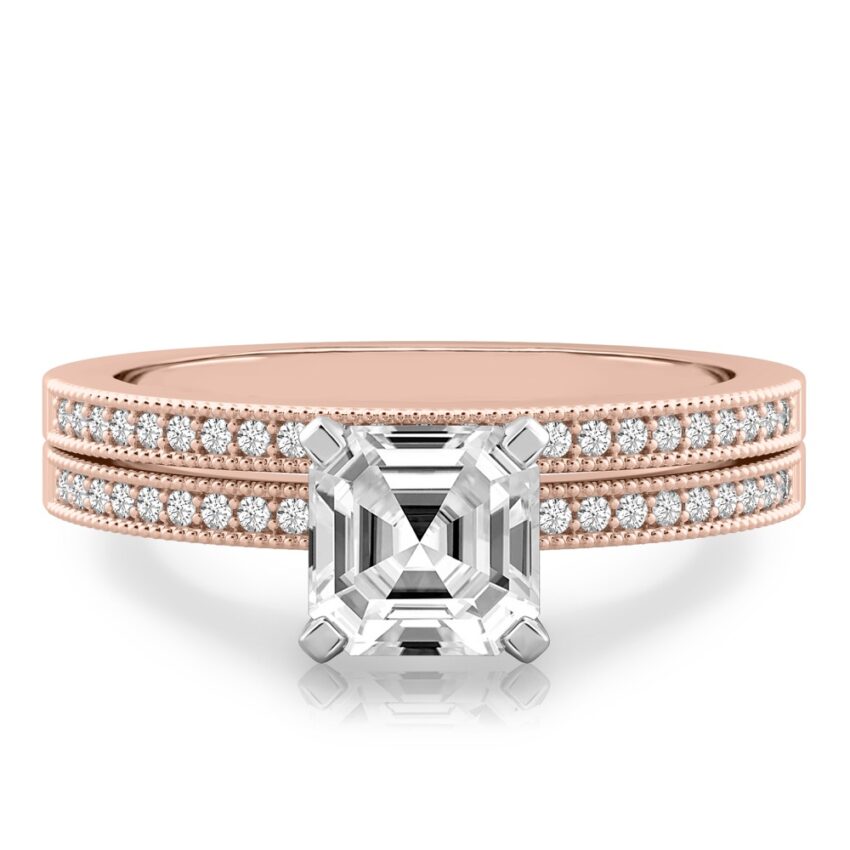 asscher cut diamond petite milgrain diamond engagement ring set rose gold
