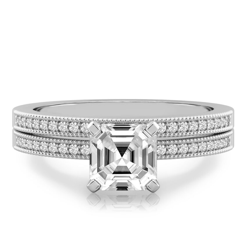 asscher cut diamond petite milgrain diamond engagement ring set white gold