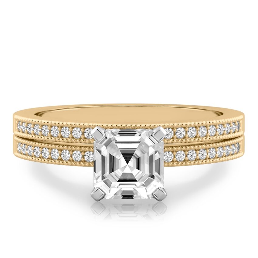 asscher cut diamond petite milgrain diamond engagement ring set yellow gold