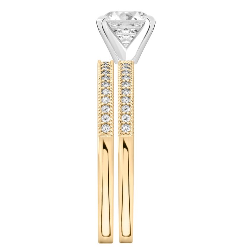 Side view of asscher cut diamond petite milgrain diamond engagement ring set yellow gold