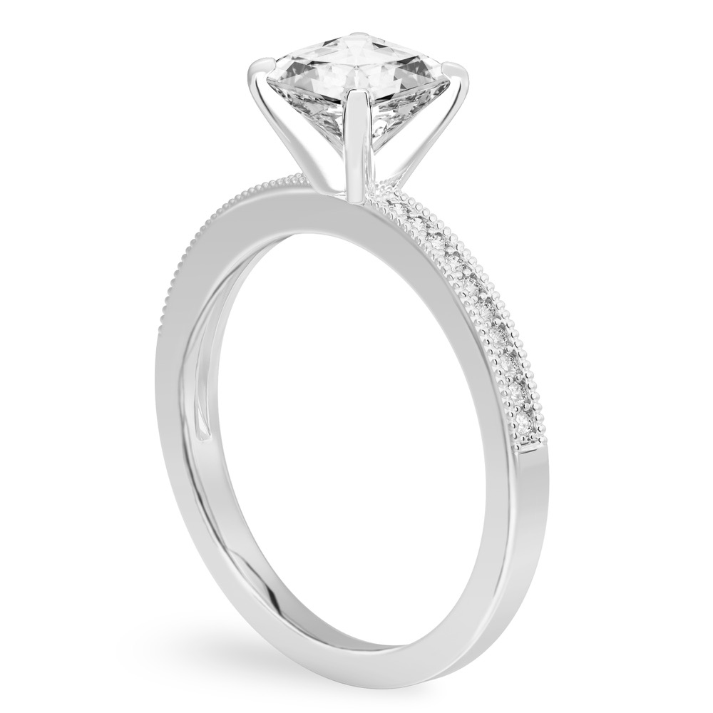 Angle view of asscher cut diamond petite milgrain diamond engagement ring in white gold