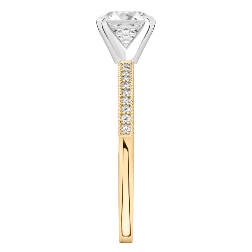 Side view of asscher cut diamond petite milgrain diamond engagement ring in yellow gold