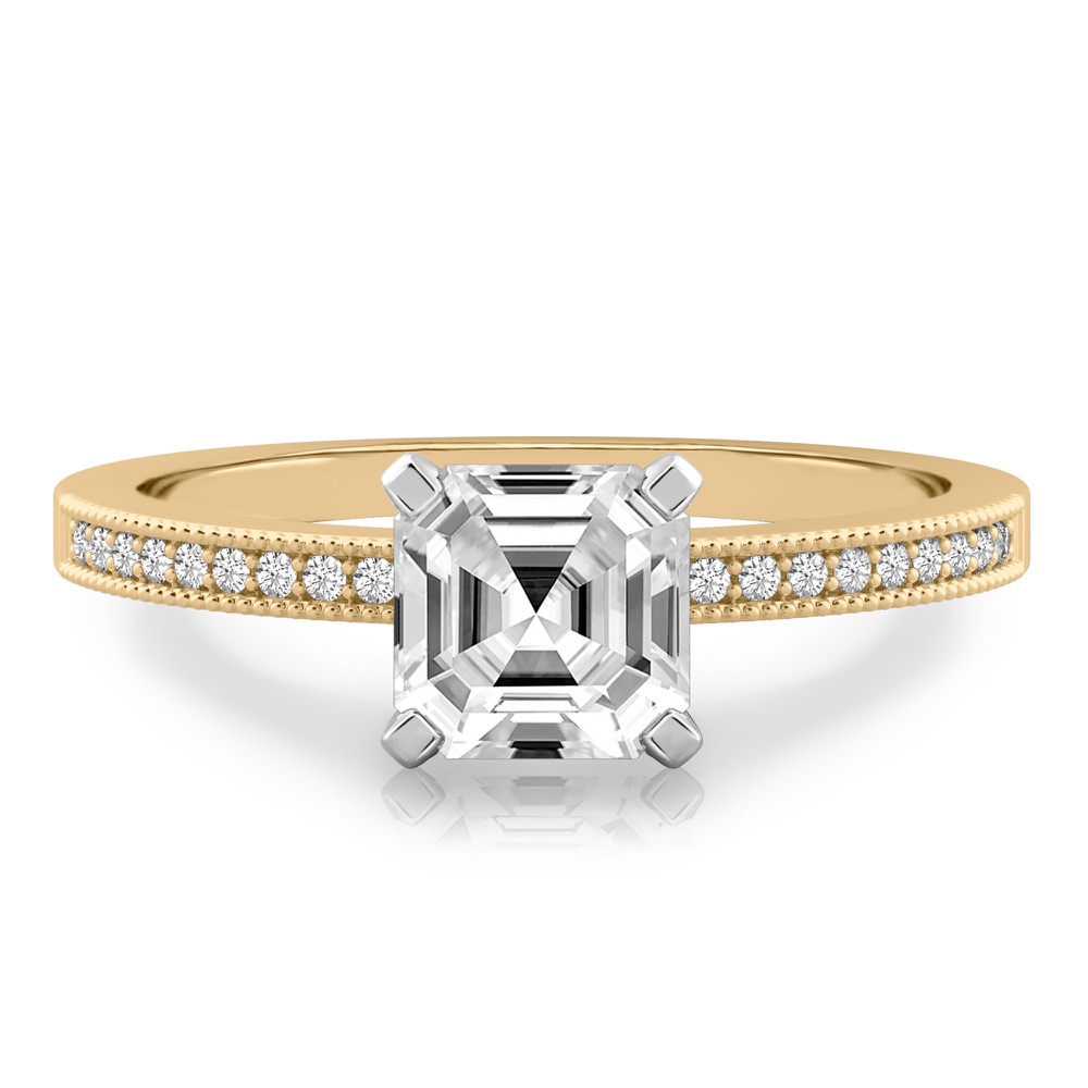 asscher cut diamond petite milgrain diamond engagement ring in yellow gold