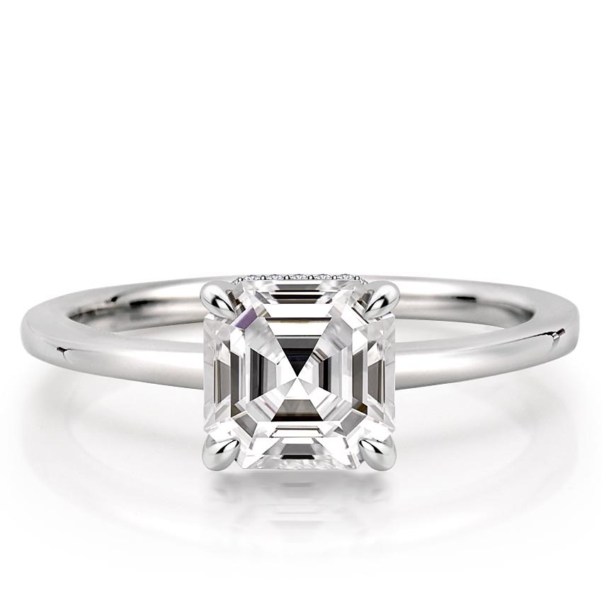 asscher cut diamond secret halo engagement ring in platinum