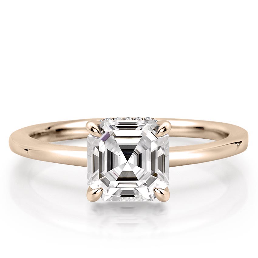 asscher cut diamond secret halo engagement ring in rose gold