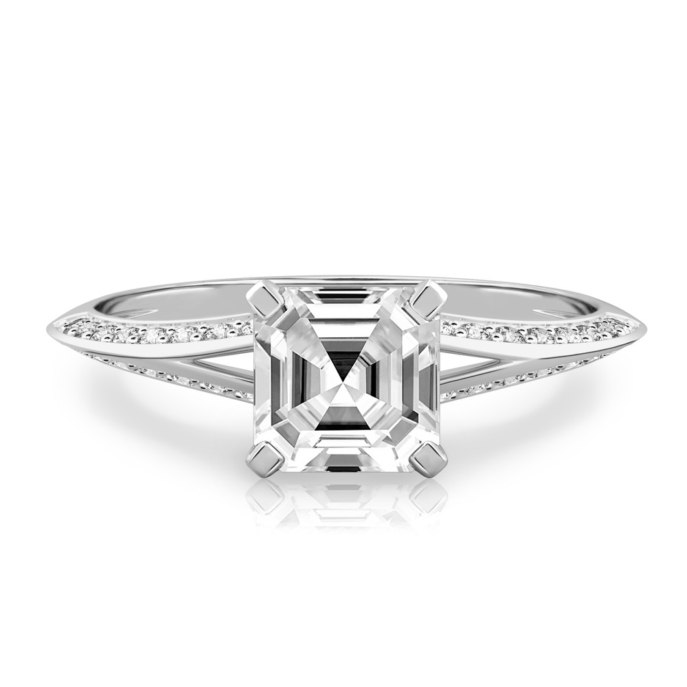 asscher cut diamond split shank knife edge engagement ring in platinum