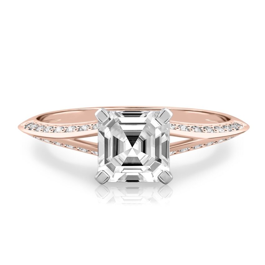 asscher cut diamond split shank knife edge engagement ring in rose gold