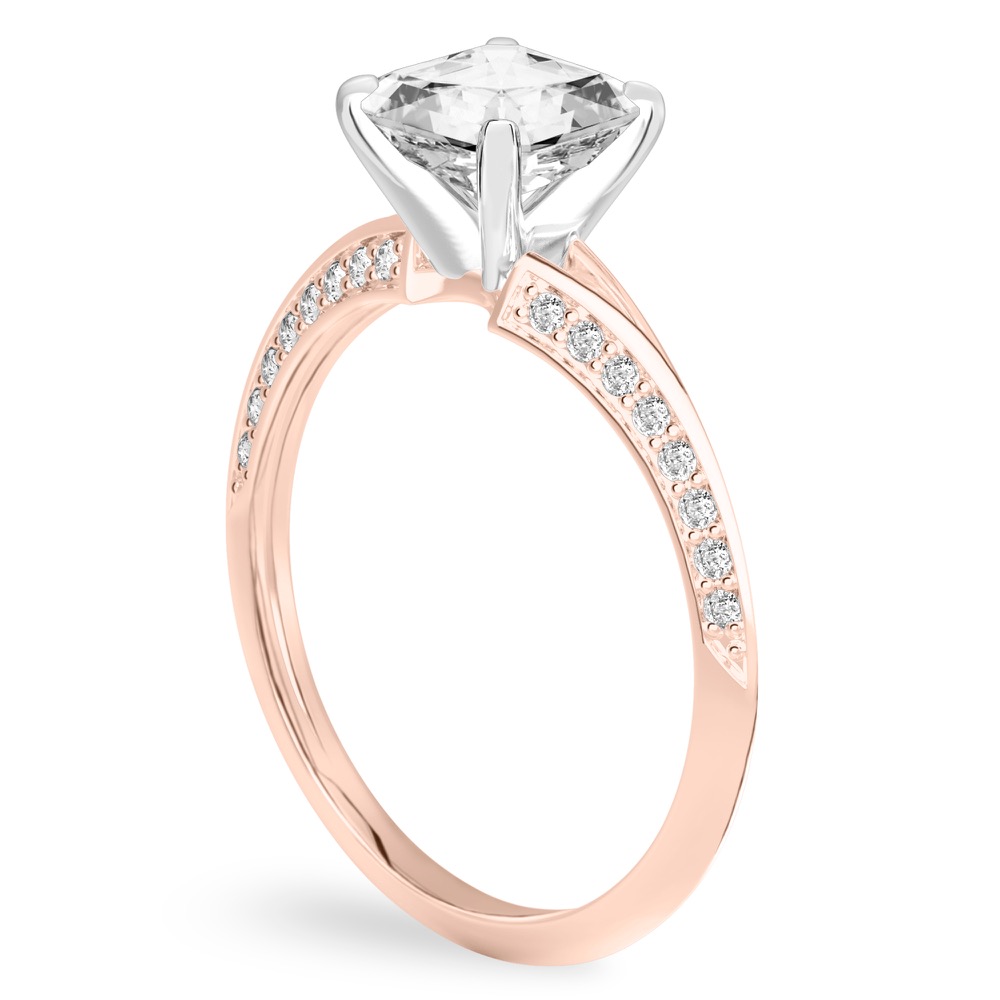 Angle view of asscher cut diamond split shank knife edge engagement ring in rose gold