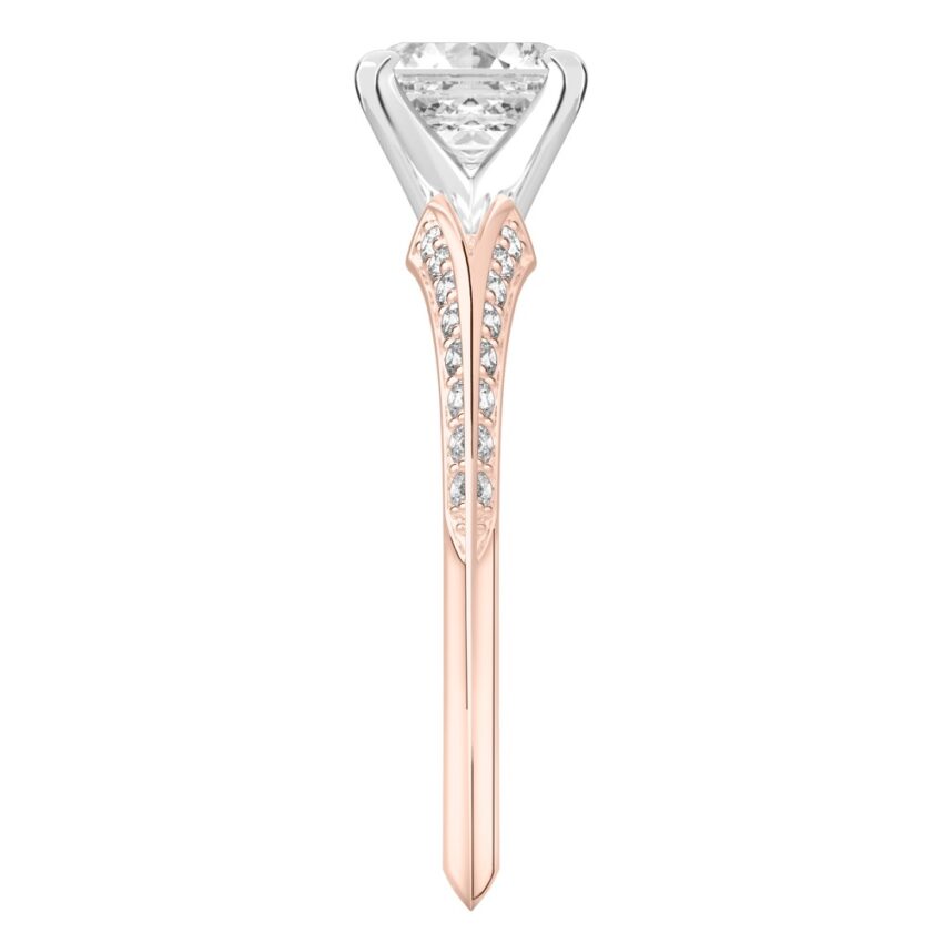 Side view of asscher cut diamond split shank knife edge engagement ring in rose gold