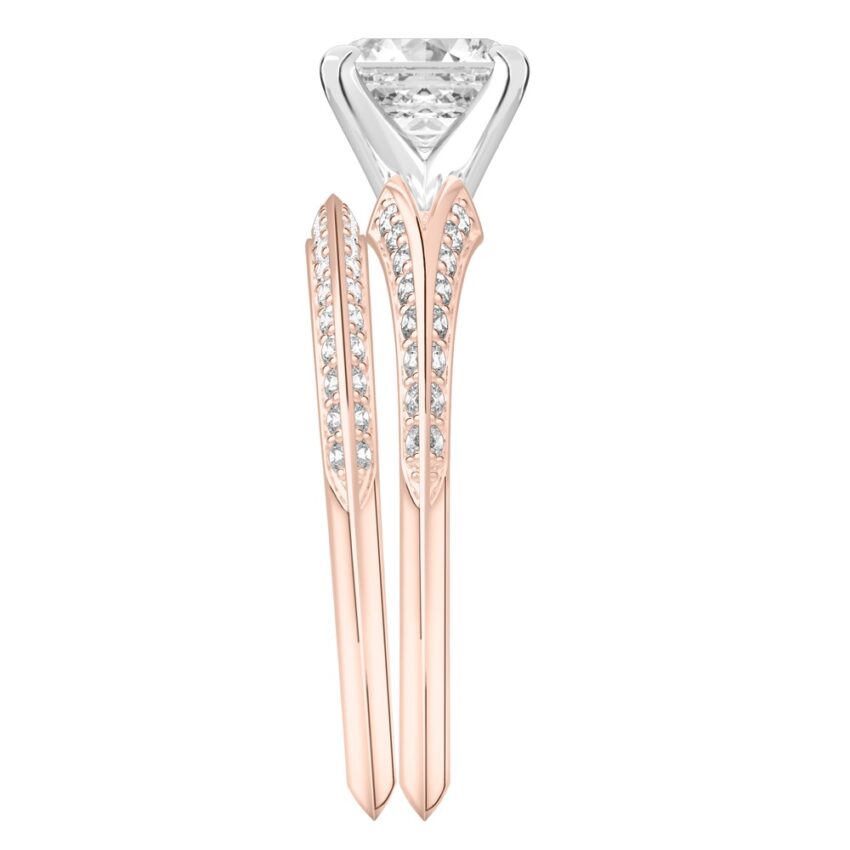 Side view of asscher cut diamond split shank knife edge engagement ring in set rose gold