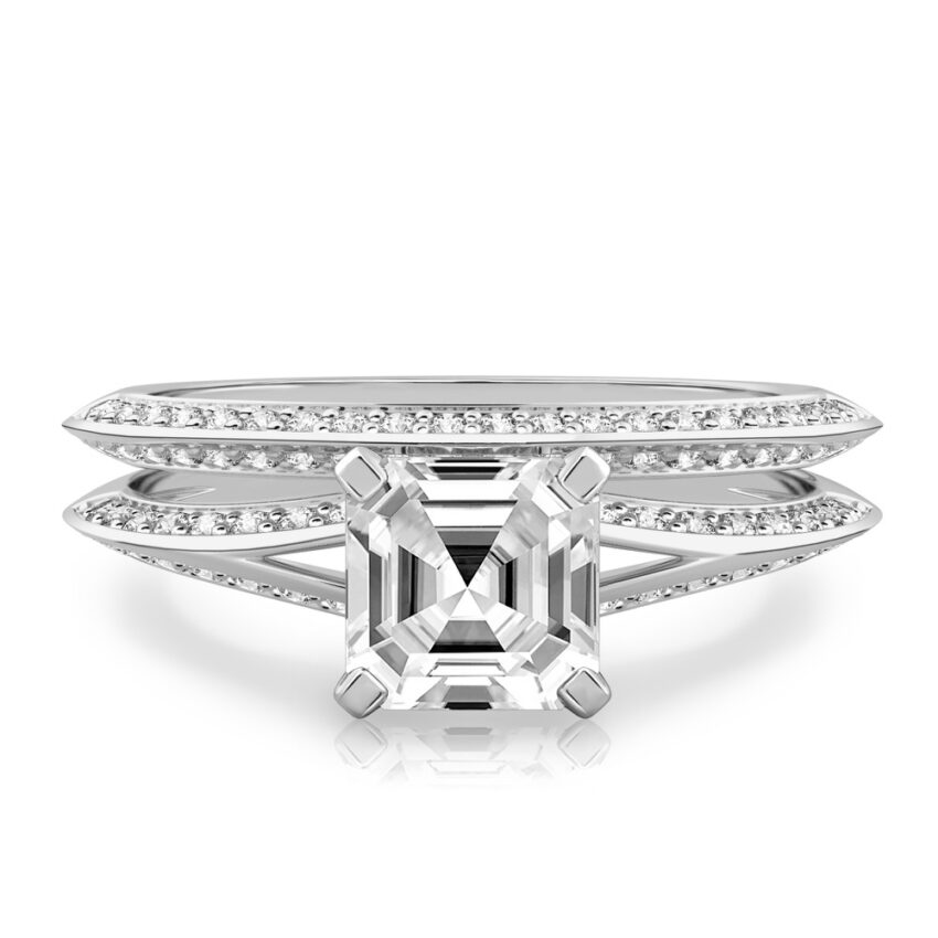 asscher cut diamond split shank knife edge engagement ring in set white gold