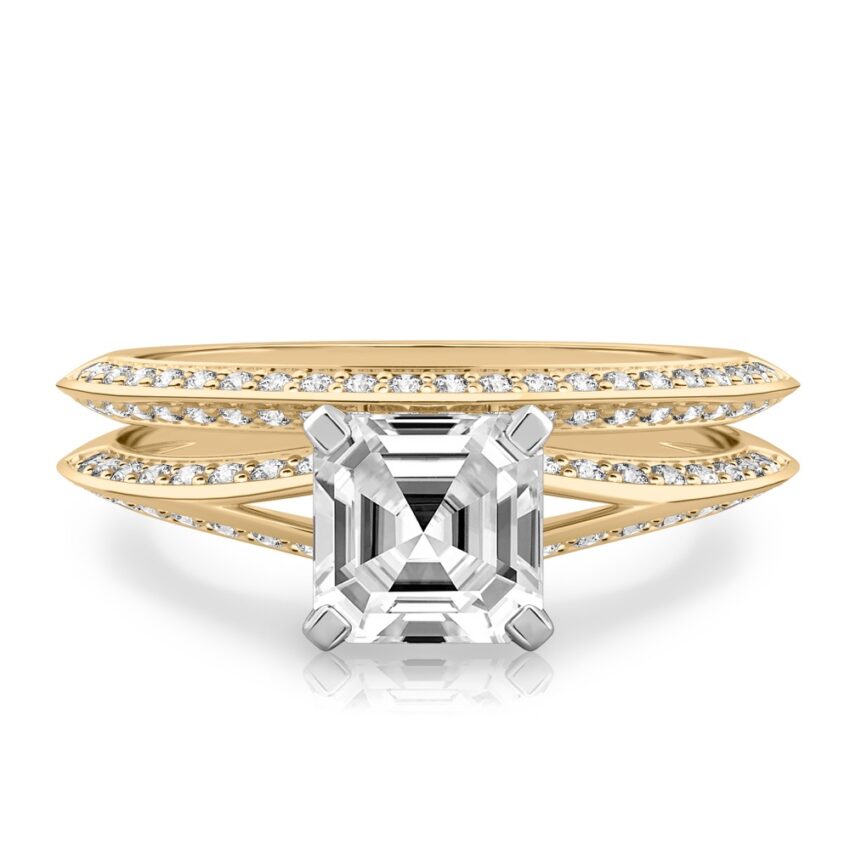asscher cut diamond split shank knife edge engagement ring in set yellow gold