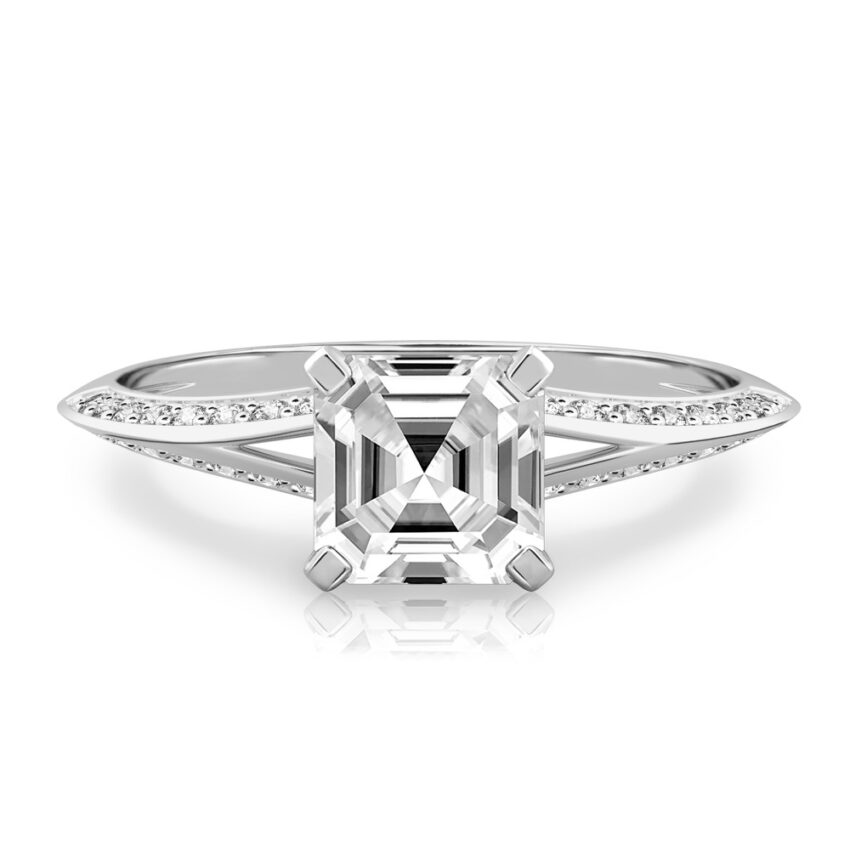 asscher cut diamond split shank knife edge engagement ring in white gold