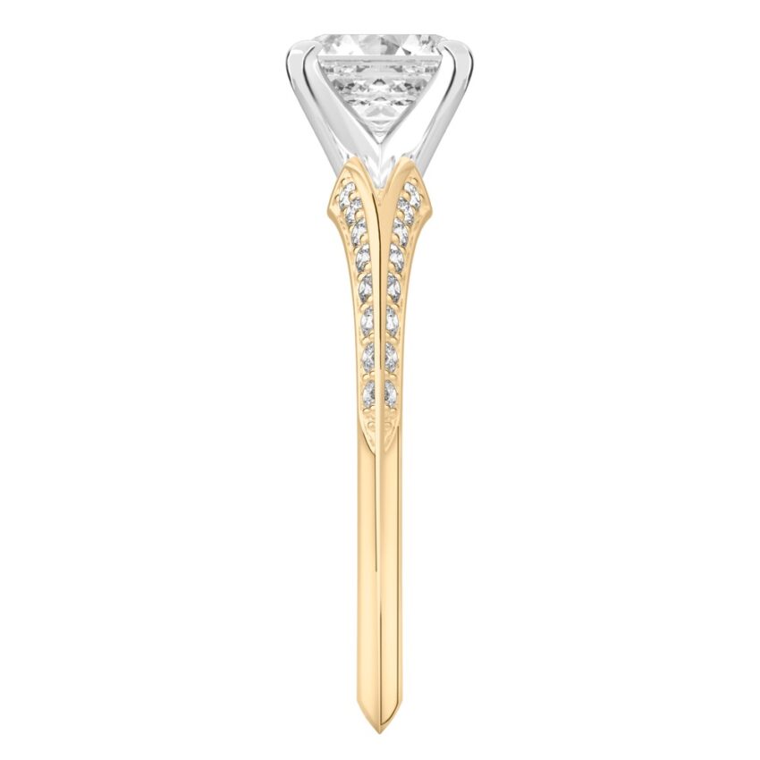 Side view of asscher cut diamond split shank knife edge engagement ring in yellow gold