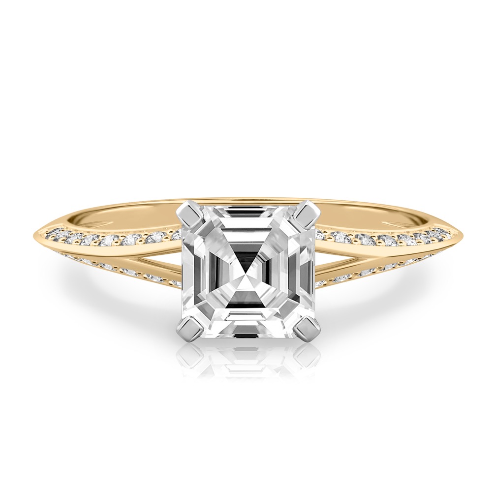 asscher cut diamond split shank knife edge engagement ring in yellow gold