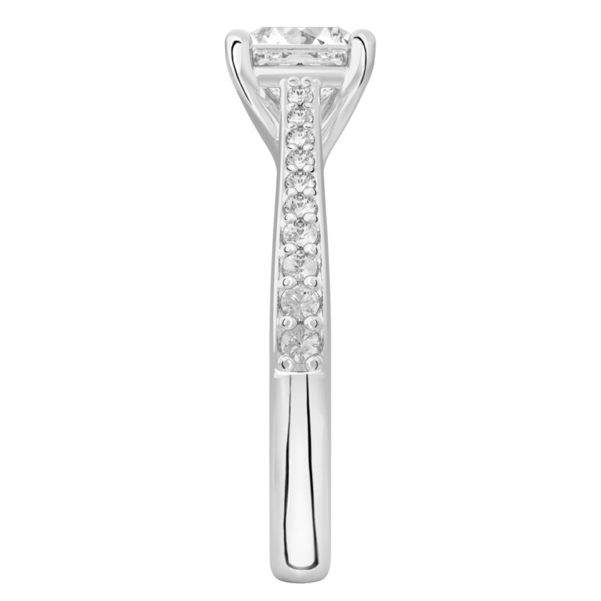 Side view of asscher cut diamond tapered engagement ring in palladium