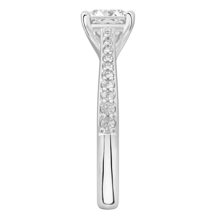 Side view of asscher cut diamond tapered engagement ring in platinum