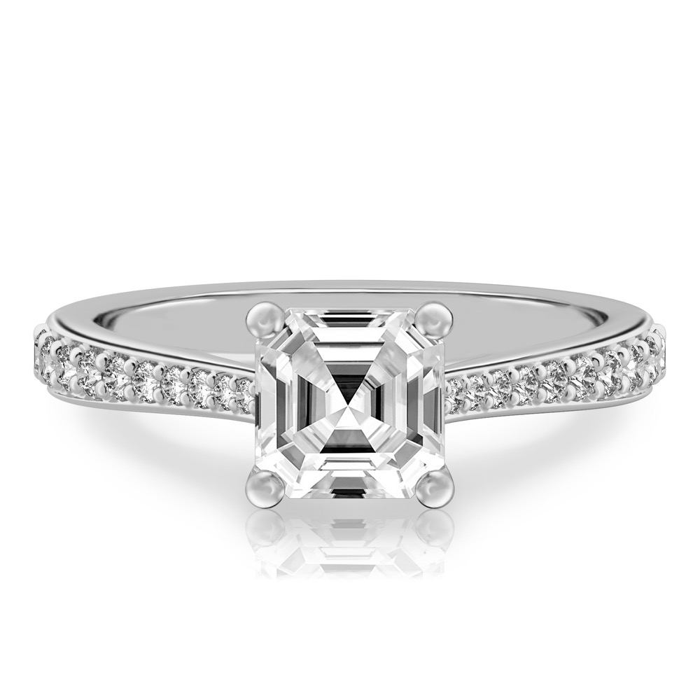 asscher cut diamond tapered engagement ring in platinum