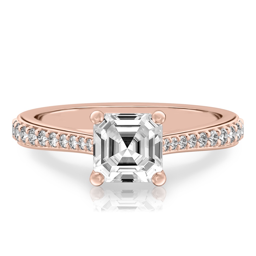 asscher cut diamond tapered engagement ring in rose gold