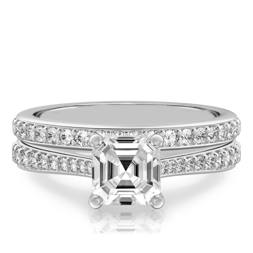 asscher cut diamond tapered engagement ring set platinum