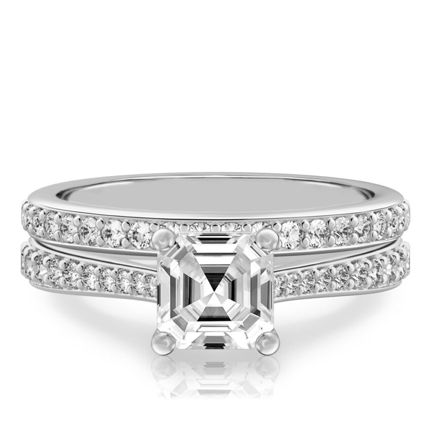 asscher cut diamond tapered engagement ring set white gold