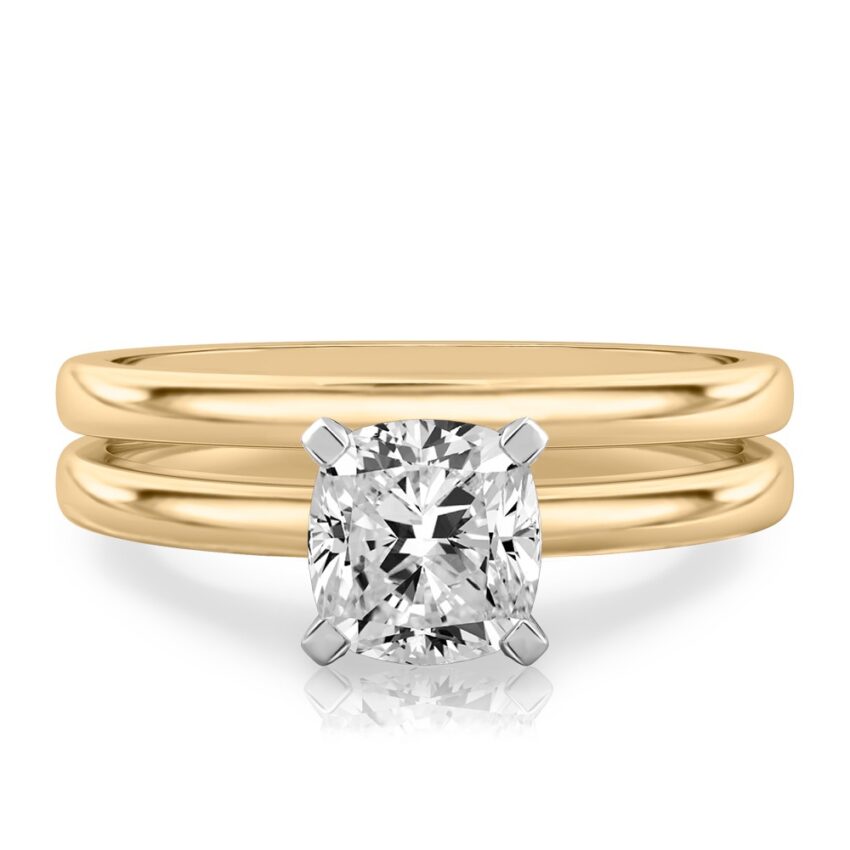 cushion cut diamond classic solitaire engagement ring set yellow gold