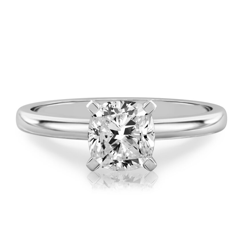 cushion cut diamond classic solitaire engagement ring in white gold