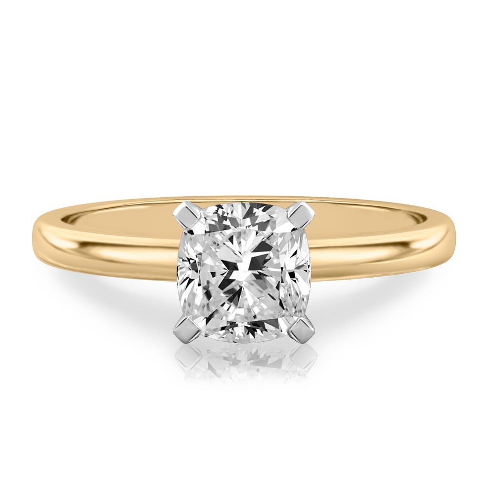 cushion cut diamond classic solitaire engagement ring in yellow gold