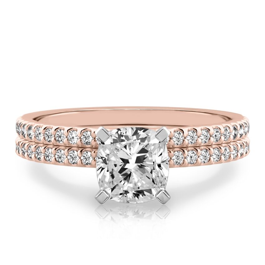 cushion cut diamond dainty engagement ring set rose gold