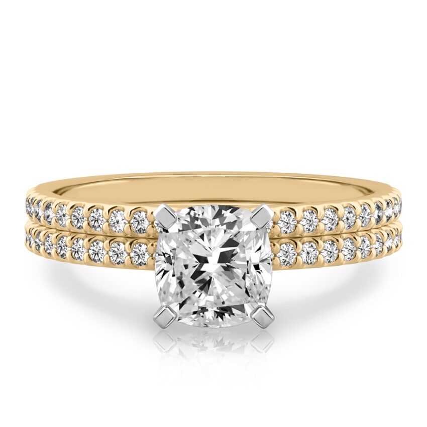 cushion cut diamond dainty engagement ring set yellow gold