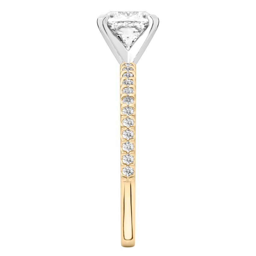 cushion cut diamond dainty engagement ring yellow gold side
