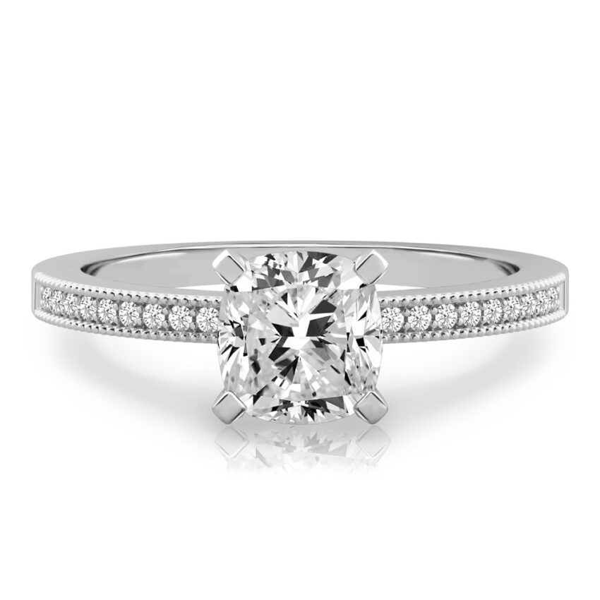 cushion cut diamond petite milgrain diamond engagement ring in palladium