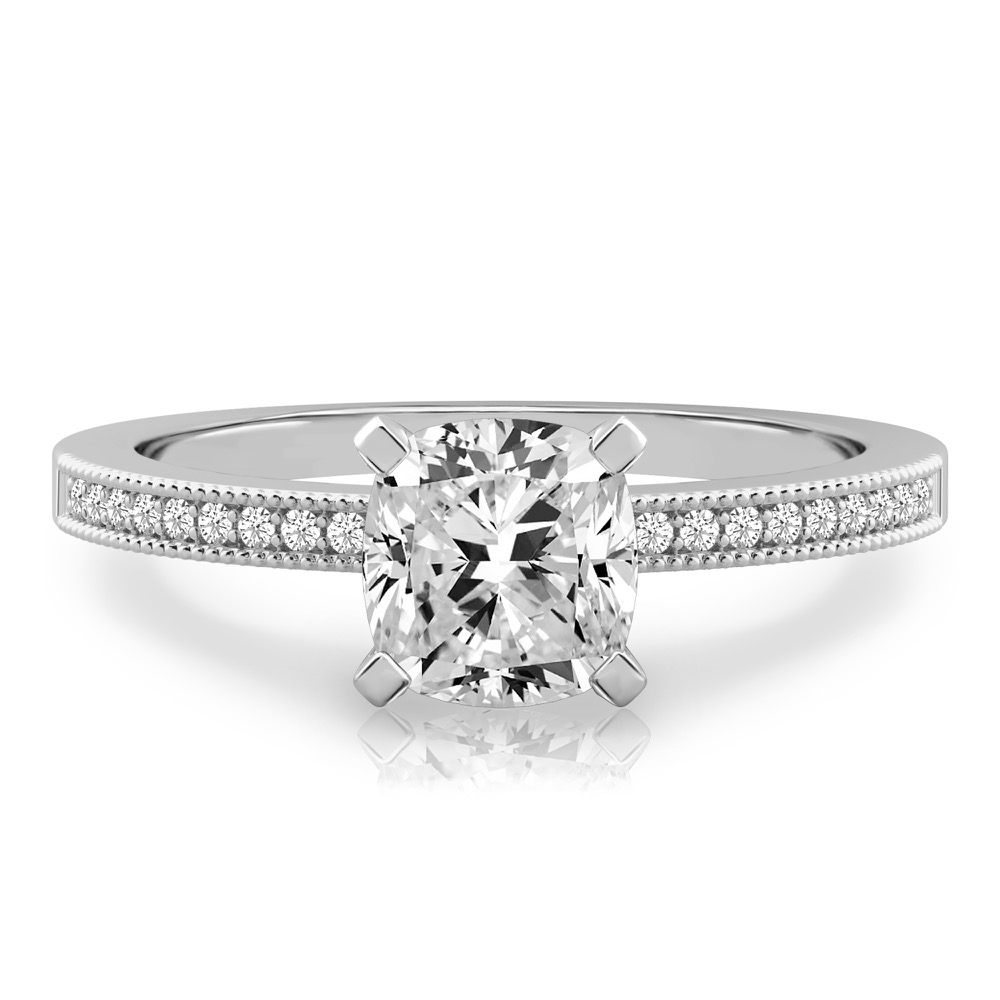 cushion cut diamond petite milgrain diamond engagement ring in platinum