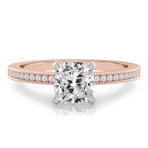 cushion cut diamond petite milgrain diamond engagement ring in rose gold