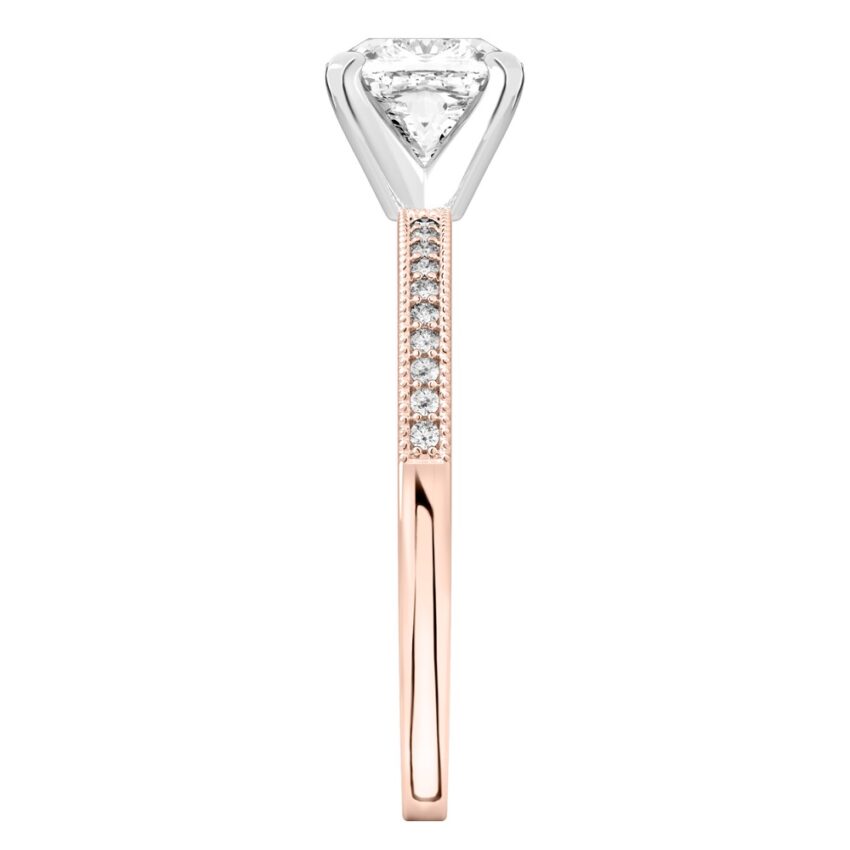 Side view of cushion cut diamond petite milgrain diamond engagement ring in rose gold