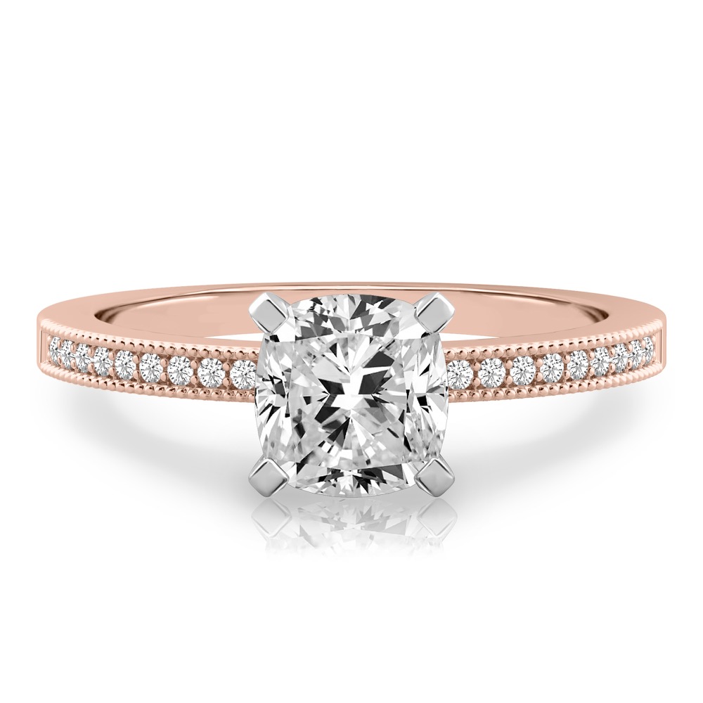 cushion cut diamond petite milgrain diamond engagement ring in rose gold