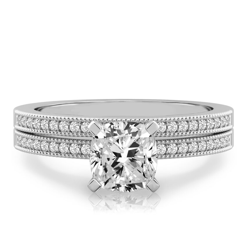 cushion cut diamond petite milgrain diamond engagement ring set palladium