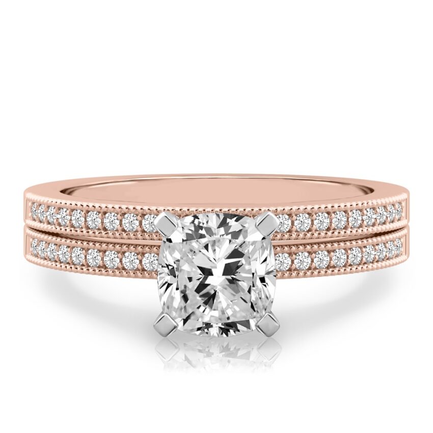cushion cut diamond petite milgrain diamond engagement ring set rose gold