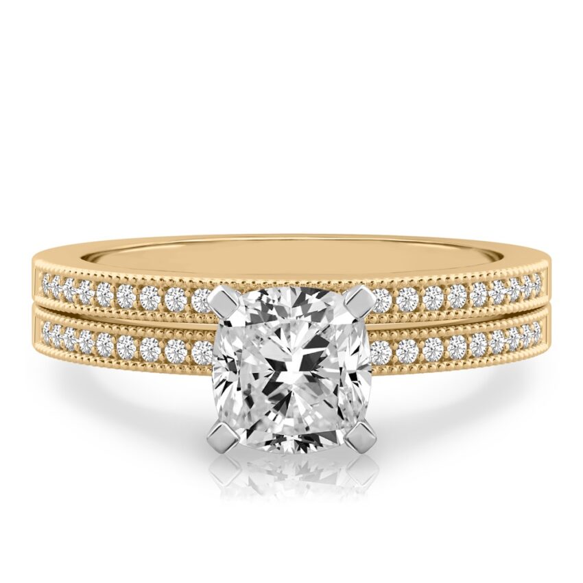 cushion cut diamond petite milgrain diamond engagement ring set yellow gold