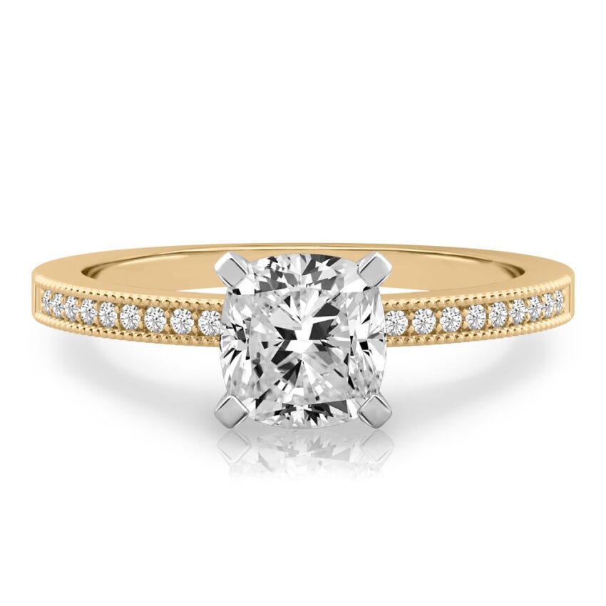 cushion cut diamond petite milgrain diamond engagement ring in yellow gold