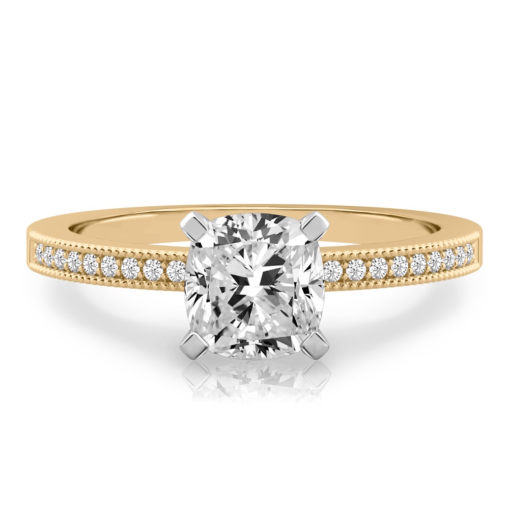 cushion cut diamond petite milgrain diamond engagement ring in yellow gold