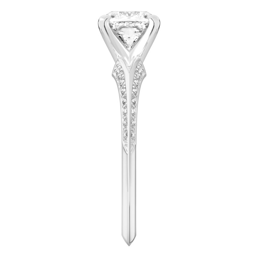 Side view of cushion cut diamond split shank knife edge engagement ring in platinum