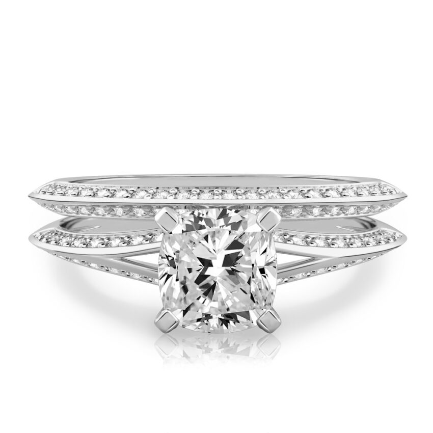 cushion cut diamond split shank knife edge engagement ring in set platinum