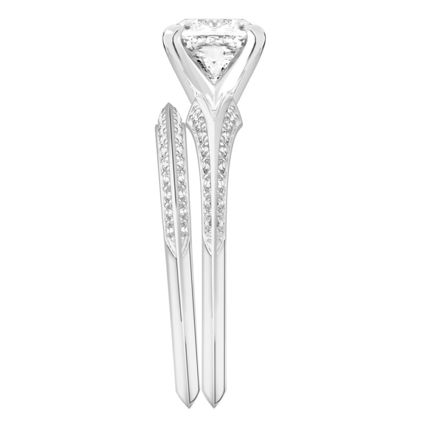 Side view of cushion cut diamond split shank knife edge engagement ring in set platinum