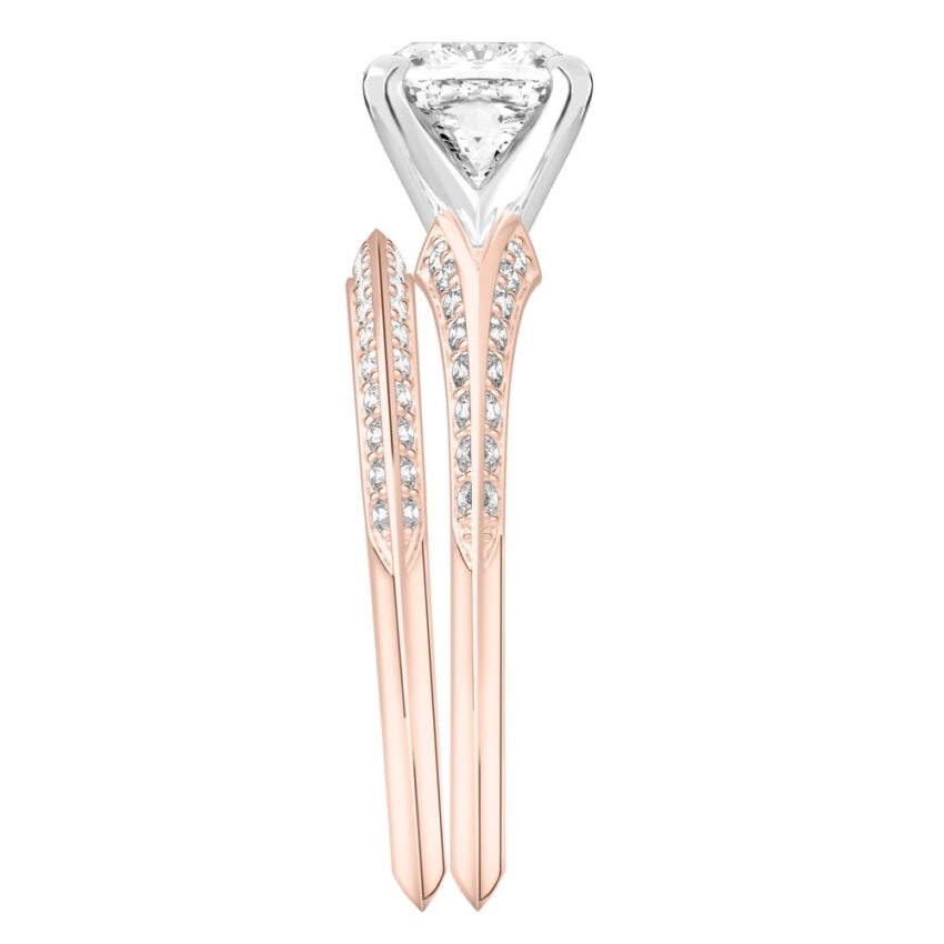 Side view of cushion cut diamond split shank knife edge engagement ring in set rose gold