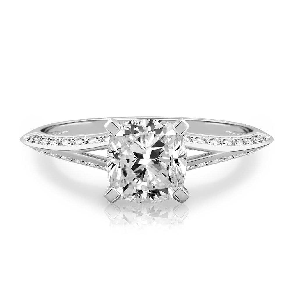 cushion cut diamond split shank knife edge engagement ring in white gold