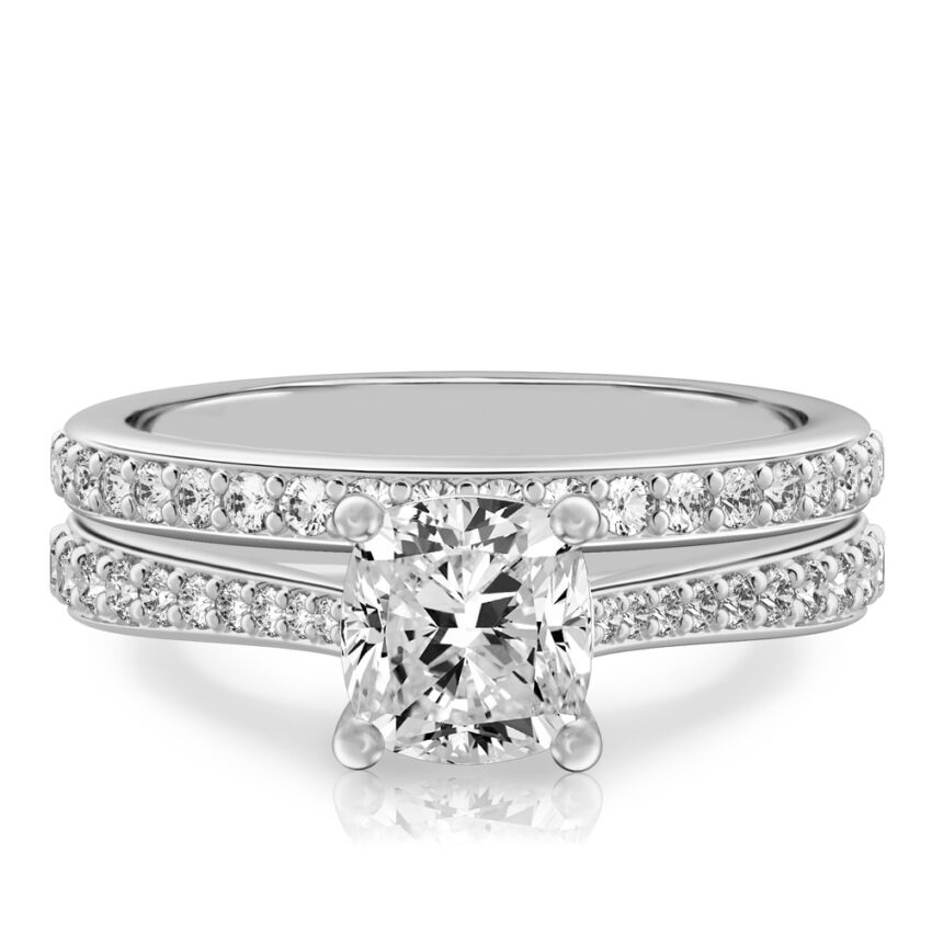 cushion cut diamond tapered engagement ring set platinum