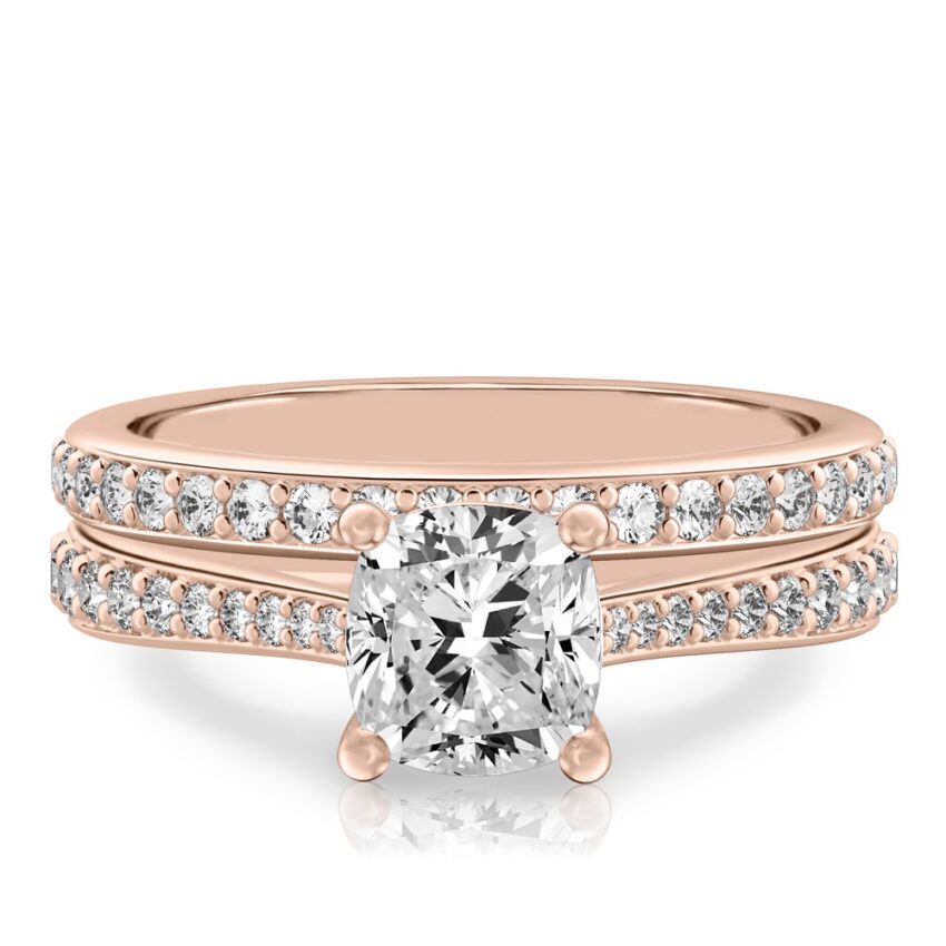 cushion cut diamond tapered engagement ring set rose gold
